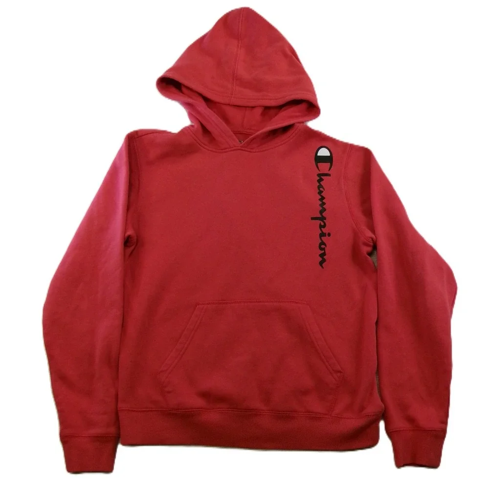 Champion Kids XL Hoodie Red Vertical Script Logo Fleece Pullover CHB396